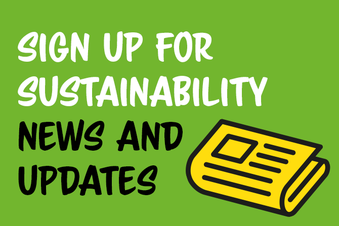 clipart of a newspaper with text above and to side that reads 'sign up for sustainability news and updates'